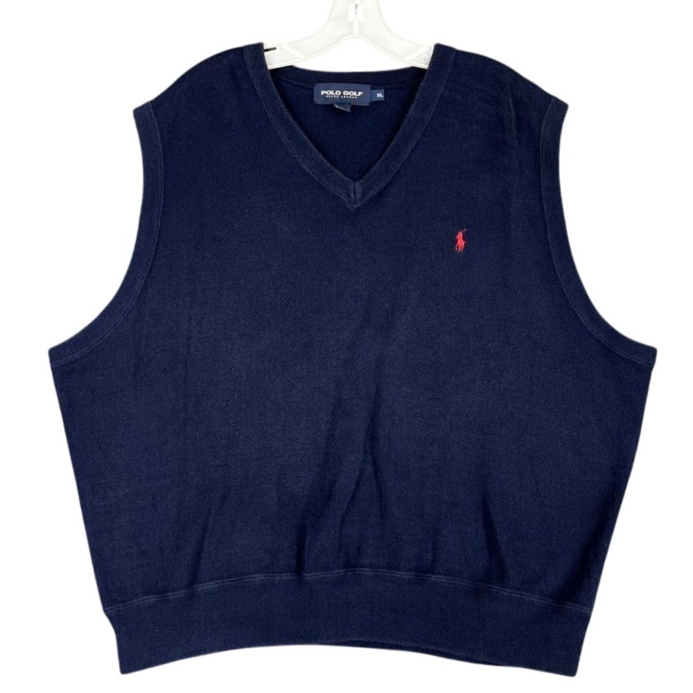 Vintage 90s Polo Golf Ralph Lauren XL Navy Cotton‎ Sweater Vest Classic Knit